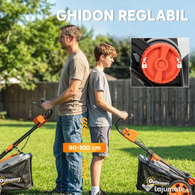 Outsunny Mașină de Tuns Iarba Electrică 1800W cu Lățime de Tăiere de 40cm, Funcție Mulching și Sac de 50L, Mâner Reglabil și Detașabil, 6 Niveluri de Tăiere, Gri Deschis | Aosom Romania