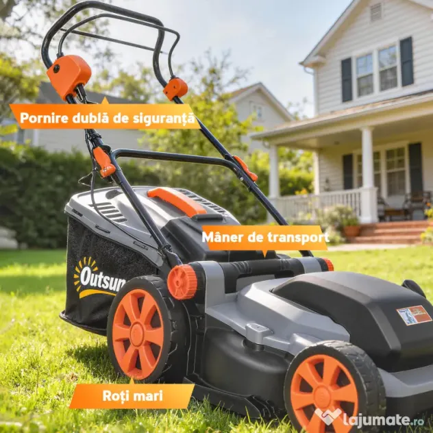 Outsunny Mașină de Tuns Iarba Electrică 1800W cu Lățime de Tăiere de 40cm, Funcție Mulching și Sac de 50L, Mâner Reglabil și Detașabil, 6 Niveluri de Tăiere, Gri Deschis | Aosom Romania