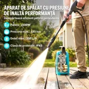 Outsunny Mașină de Spălat cu Presiune 1500 W, 120 Bari, Debit 390 L/h, Electrică cu Duza Reglabilă, Furtun 6 m, Albastru | Aosom Romania