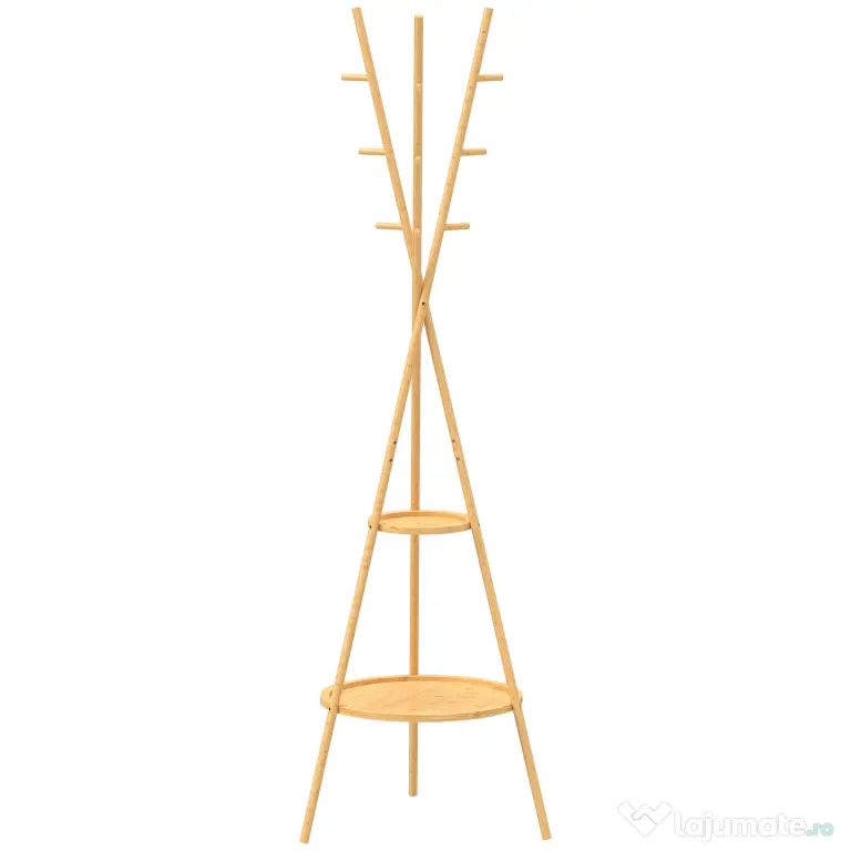 HOMCOM Cuier freestanding cu 9 cârlige și 2 polițe pentru intrare, lemn natural | Aosom Romania