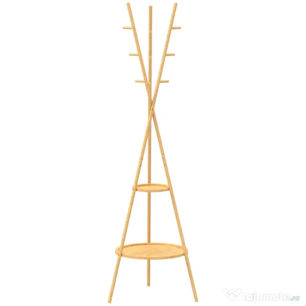 HOMCOM Cuier freestanding cu 9 cârlige și 2 polițe pentru intrare, lemn natural | Aosom Romania
