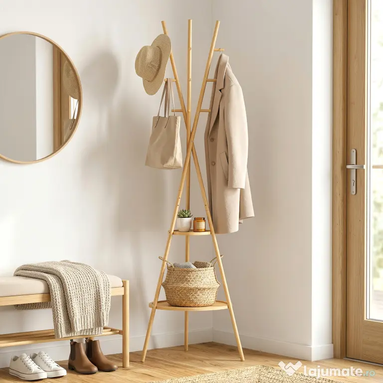 HOMCOM Cuier freestanding cu 9 cârlige și 2 polițe pentru intrare, lemn natural | Aosom Romania