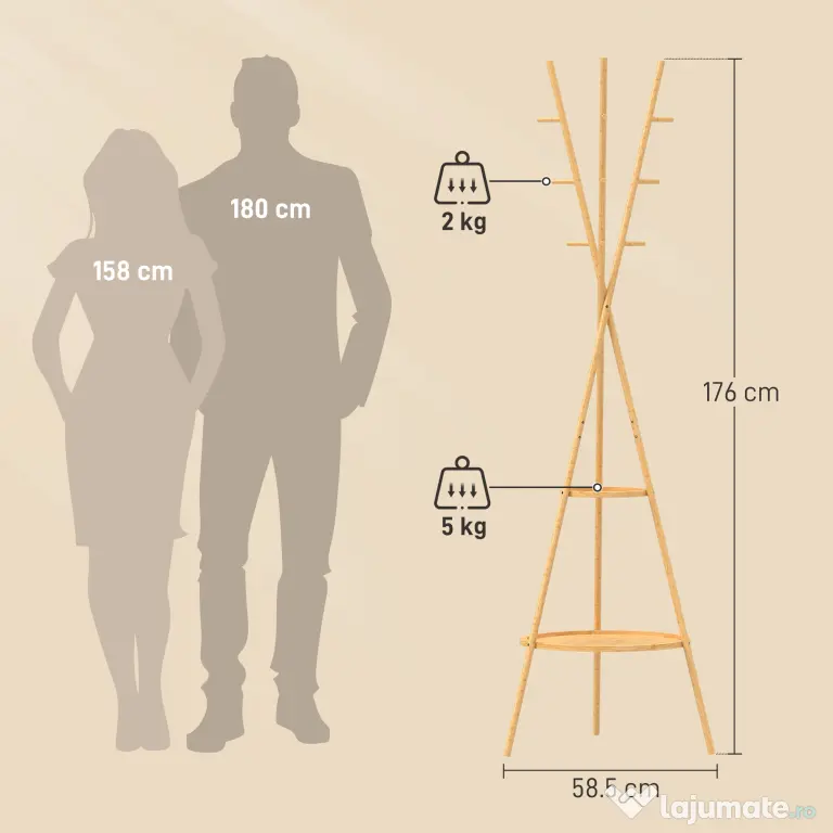 HOMCOM Cuier freestanding cu 9 cârlige și 2 polițe pentru intrare, lemn natural | Aosom Romania