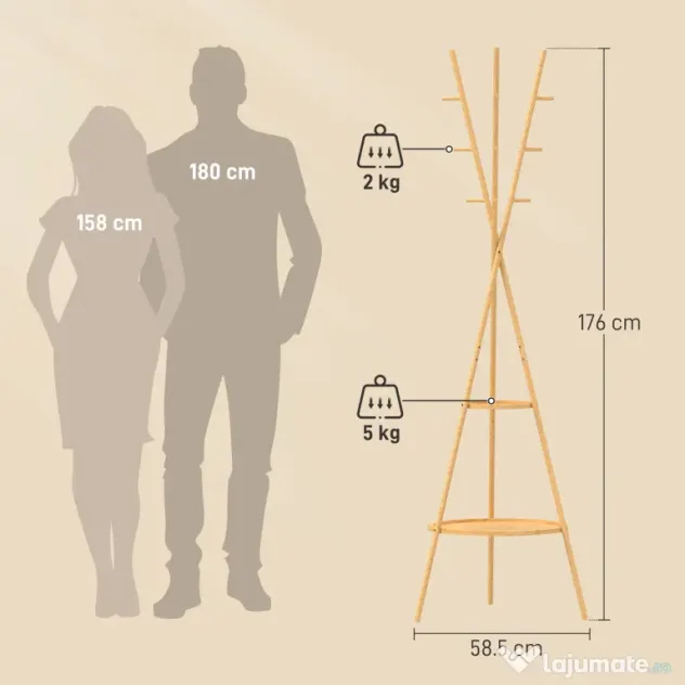 HOMCOM Cuier freestanding cu 9 cârlige și 2 polițe pentru intrare, lemn natural | Aosom Romania