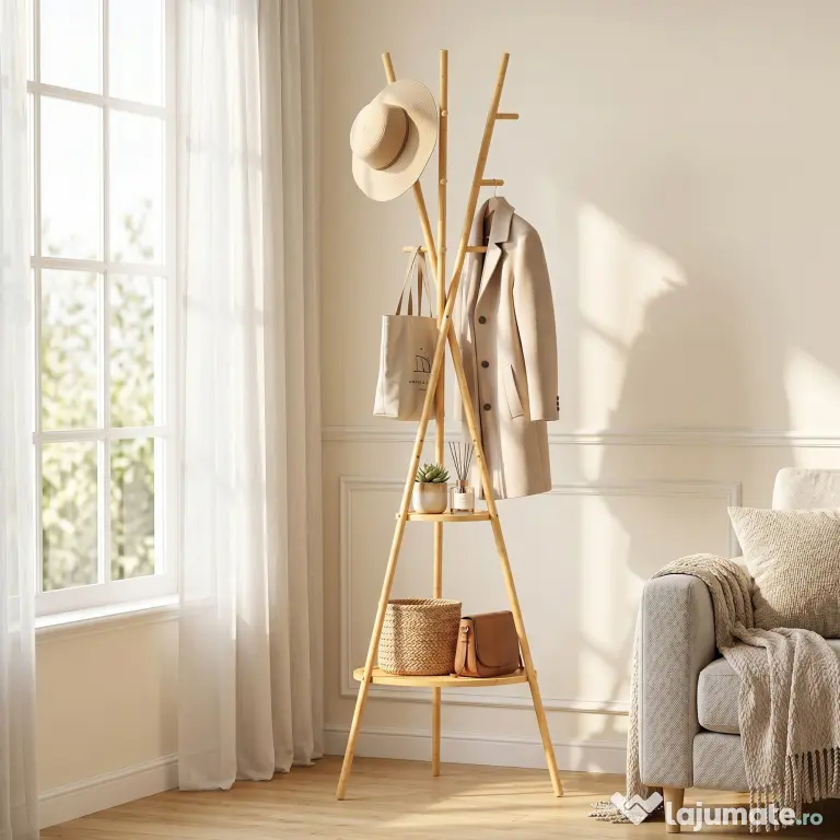HOMCOM Cuier freestanding cu 9 cârlige și 2 polițe pentru intrare, lemn natural | Aosom Romania