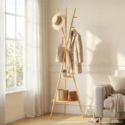 HOMCOM Cuier freestanding cu 9 cârlige și 2 polițe pentru intrare, lemn natural | Aosom Romania