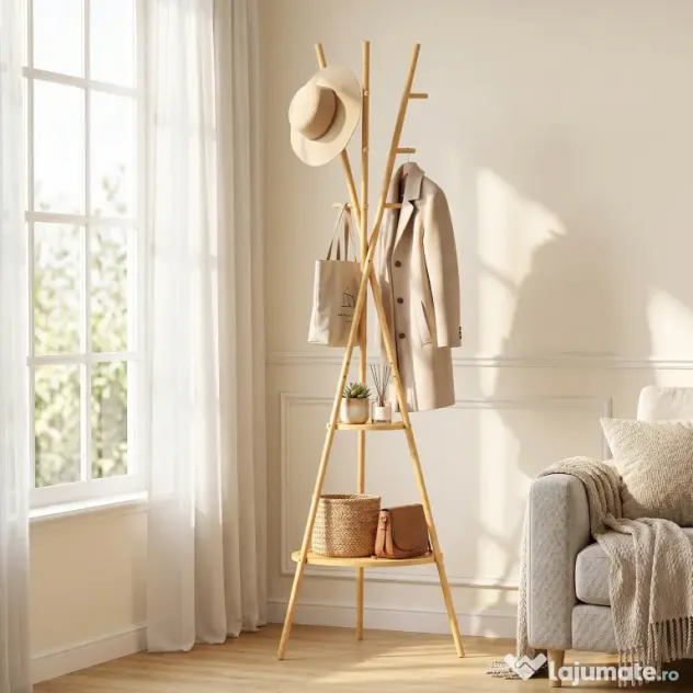 HOMCOM Cuier freestanding cu 9 cârlige și 2 polițe pentru intrare, lemn natural | Aosom Romania