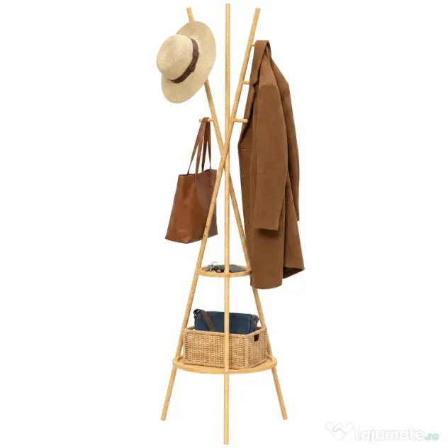 HOMCOM Cuier freestanding cu 9 cârlige și 2 polițe pentru intrare, lemn natural | Aosom Romania