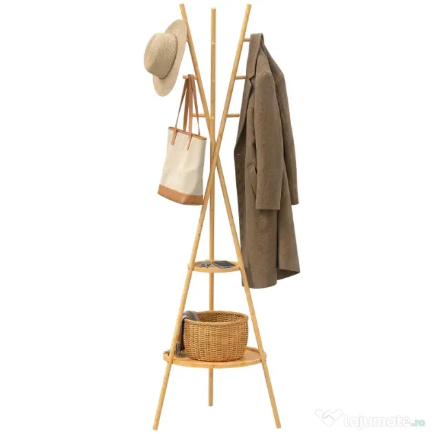 HOMCOM Cuier freestanding cu 9 cârlige și 2 polițe pentru intrare, lemn natural | Aosom Romania