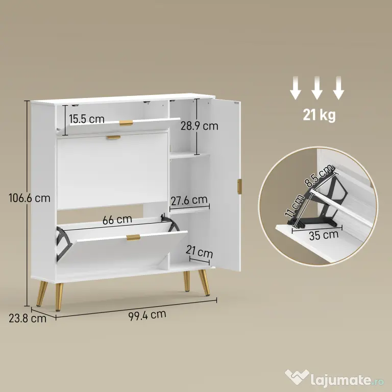 HOMCOM Dulap pentru Pantofi Slim cu Uși Rabatabile, Rafturi Reglabile, pentru 12 Perechi, Alb | Aosom Romania