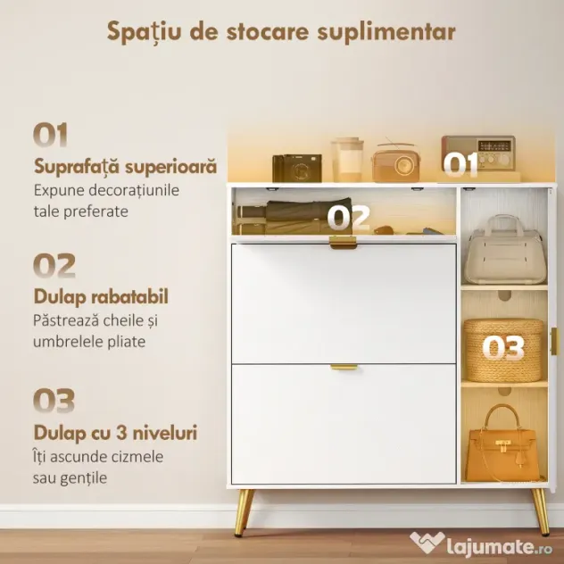HOMCOM Dulap pentru Pantofi Slim cu Uși Rabatabile, Rafturi Reglabile, pentru 12 Perechi, Alb | Aosom Romania