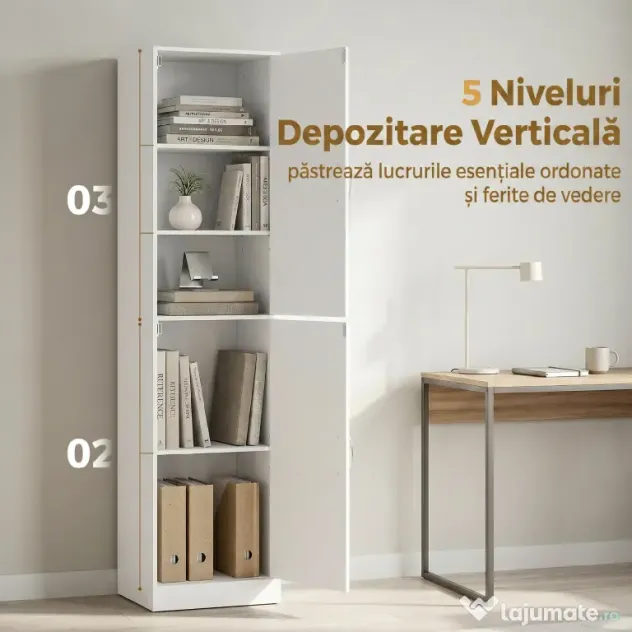 HOMCOM Bibliotecă Înaltă 180 cm, Raft Modern cu 5 Niveluri Reglabile, Mobilier Independent pentru Living, Dormitor, Birou, Alb | Aosom Romania