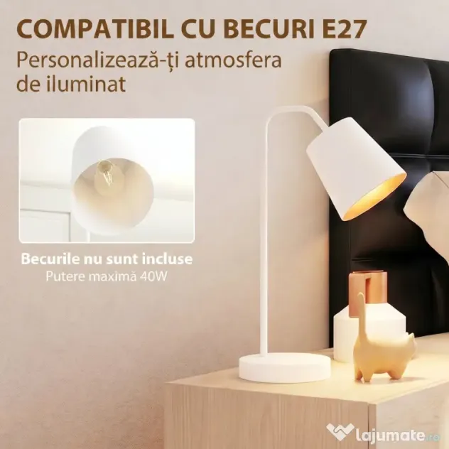 HOMCOM Set de 2 Veioze Moderne din Oțel cu Porturi USB, Soclu E27, Bec Neinclus, Alb | Aosom Romania