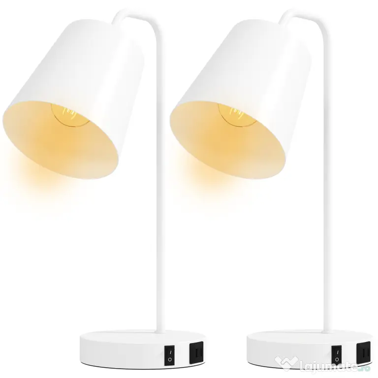 HOMCOM Set de 2 Veioze Moderne din Oțel cu Porturi USB, Soclu E27, Bec Neinclus, Alb | Aosom Romania