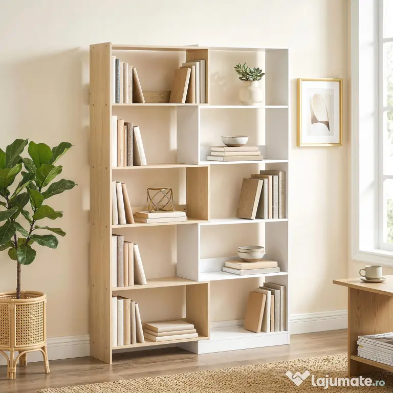 HOMCOM Bibliotecă de Colț cu 5 Polițe, Design Rotativ 350°, Lemn/Alb | Aosom Romania