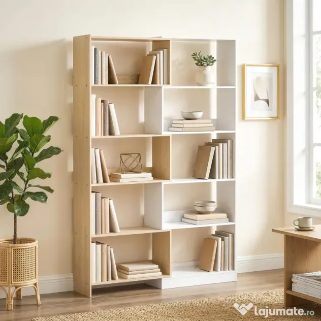 HOMCOM Bibliotecă de Colț cu 5 Polițe, Design Rotativ 350°, Lemn/Alb | Aosom Romania