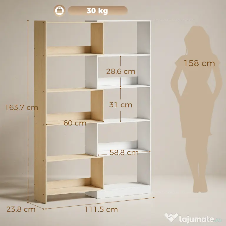 HOMCOM Bibliotecă de Colț cu 5 Polițe, Design Rotativ 350°, Lemn/Alb | Aosom Romania