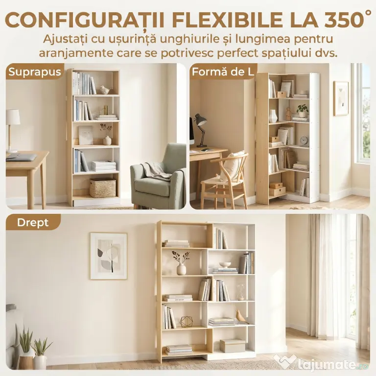 HOMCOM Bibliotecă de Colț cu 5 Polițe, Design Rotativ 350°, Lemn/Alb | Aosom Romania