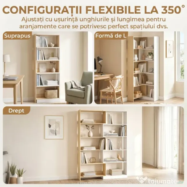 HOMCOM Bibliotecă de Colț cu 5 Polițe, Design Rotativ 350°, Lemn/Alb | Aosom Romania