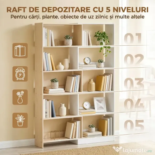 HOMCOM Bibliotecă de Colț cu 5 Polițe, Design Rotativ 350°, Lemn/Alb | Aosom Romania