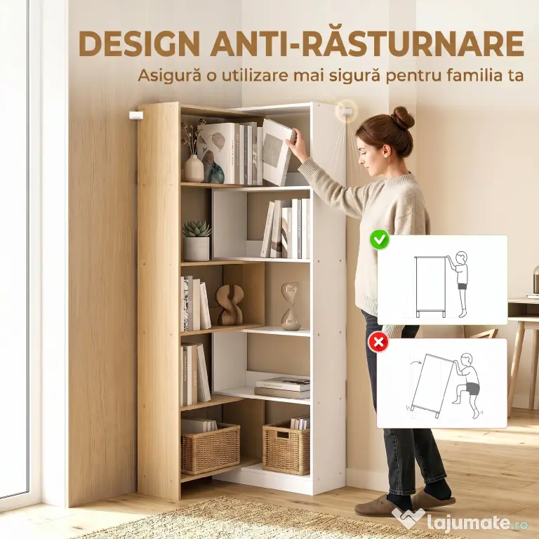 HOMCOM Bibliotecă de Colț cu 5 Polițe, Design Rotativ 350°, Lemn/Alb | Aosom Romania