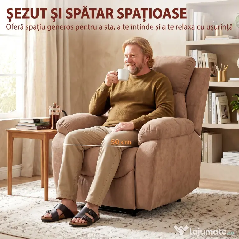 HOMCOM Fotoliu Reclinabil Manual cu Material cu Aspect de In, Suport pentru Picioare și Cotiere Căptușite, Maro Închis | Aosom Romania