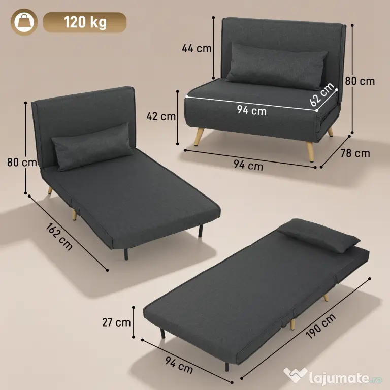 HOMCOM Fotoliu Extensibil 3 în 1 cu Spătar Reglabil pe 3 Niveluri și Pernă, Material Textil cu Aspect de In, Gri | Aosom Romania