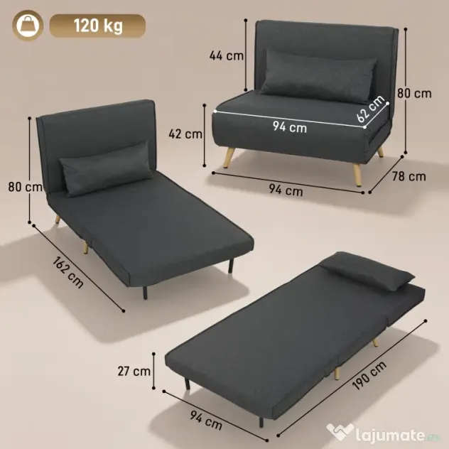 HOMCOM Fotoliu Extensibil 3 în 1 cu Spătar Reglabil pe 3 Niveluri și Pernă, Material Textil cu Aspect de In, Gri | Aosom Romania