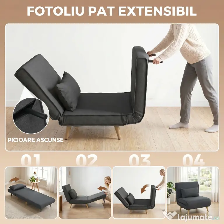 HOMCOM Fotoliu Extensibil 3 în 1 cu Spătar Reglabil pe 3 Niveluri și Pernă, Material Textil cu Aspect de In, Gri | Aosom Romania