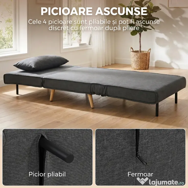 HOMCOM Fotoliu Extensibil 3 în 1 cu Spătar Reglabil pe 3 Niveluri și Pernă, Material Textil cu Aspect de In, Gri | Aosom Romania
