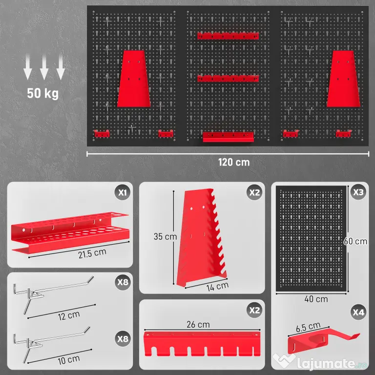 HOMCOM Set de 28 Panouri Perforate pentru Perete cu Cârlige și Suporturi, Negru și Roșu