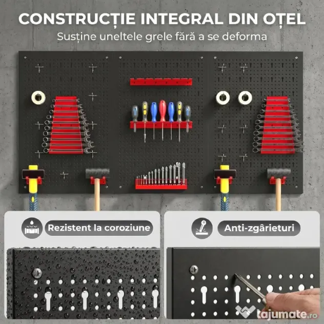 HOMCOM Set de 28 Panouri Perforate pentru Perete cu Cârlige și Suporturi, Negru și Roșu