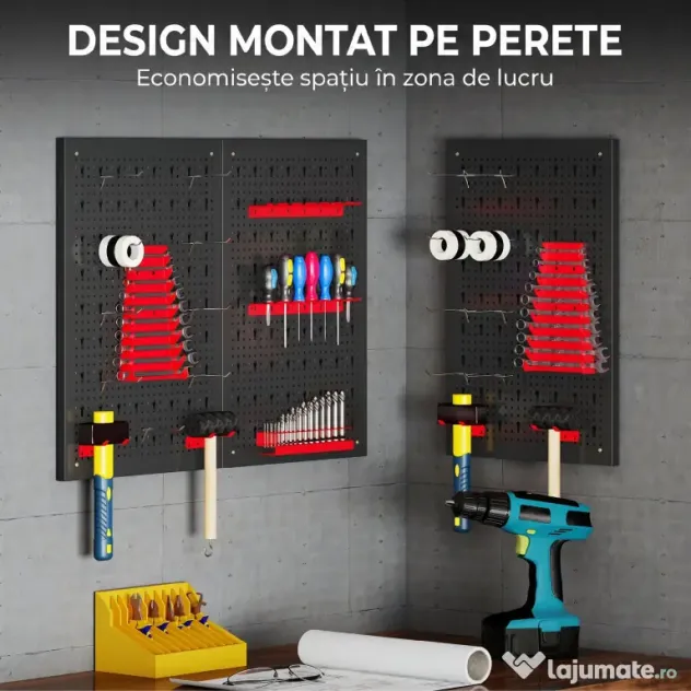 HOMCOM Set de 28 Panouri Perforate pentru Perete cu Cârlige și Suporturi, Negru și Roșu