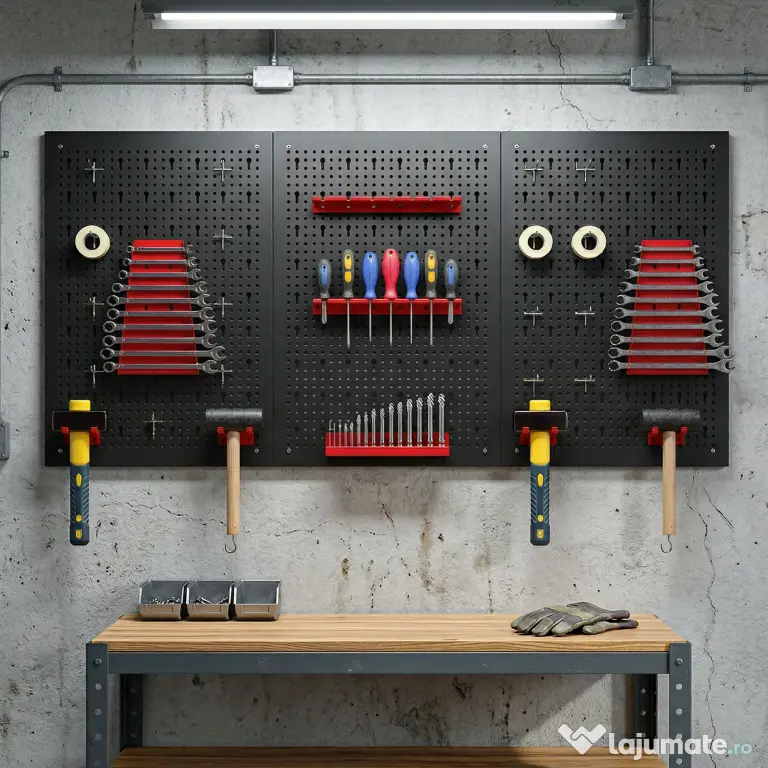 HOMCOM Set de 28 Panouri Perforate pentru Perete cu Cârlige și Suporturi, Negru și Roșu
