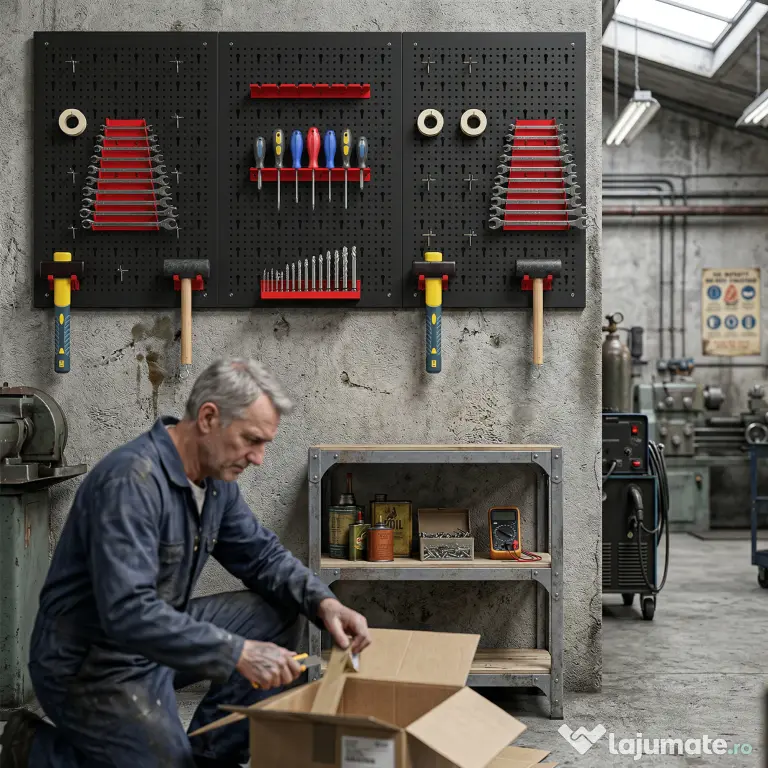 HOMCOM Set de 28 Panouri Perforate pentru Perete cu Cârlige și Suporturi, Negru și Roșu