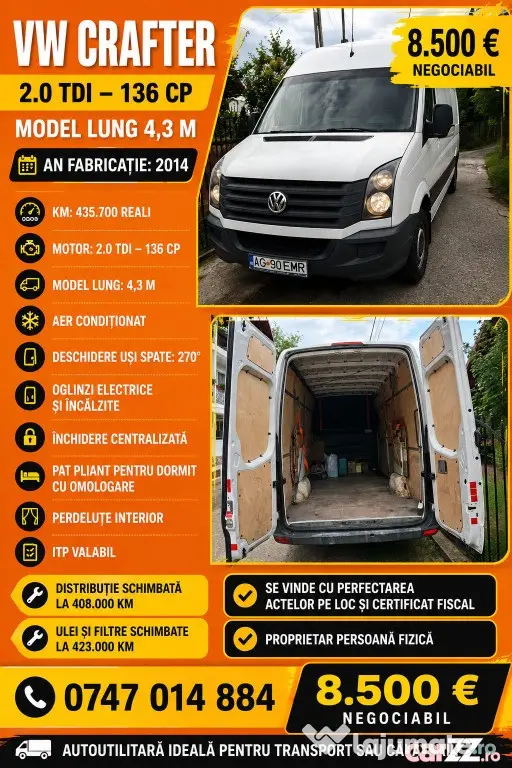 Vw crafter An fabricație 2014 Km 435700 reali Motor 2.0 136 CP Model lung 4.3 m