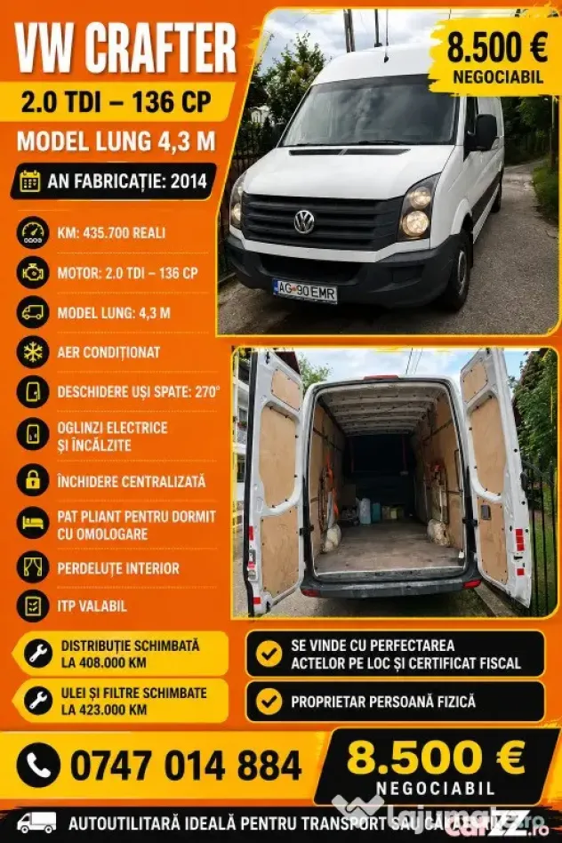 Vw crafter An fabricație 2014 Km 435700 reali Motor 2.0 136 CP Model lung 4.3 m