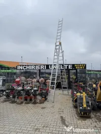 Închiriez scara 11m, tocător crengi, mașină canelat, tăvălug  gazon, transpalet 