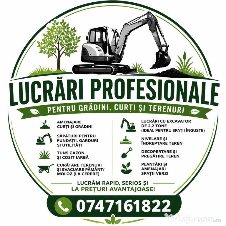 Amenajări grădini și curți – Lucrări complete cu excavator 2,2 tone