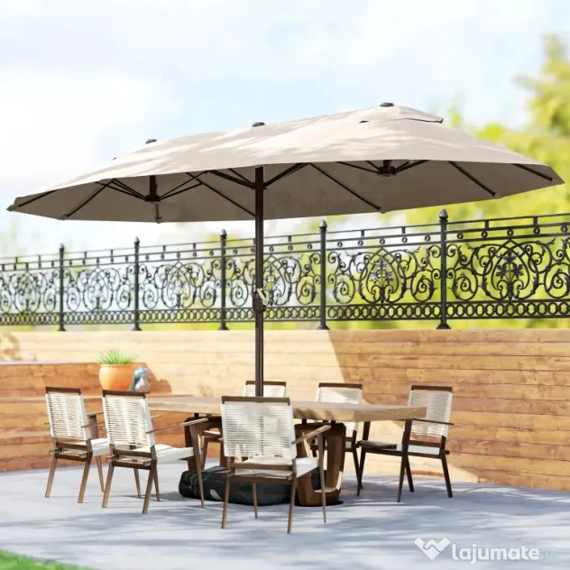 Outsunny Umbrela de Gradina Dubla 460x270cm Deschidere cu Manivela, Baza Transversala si Balast, Otel si Poliester Kaki