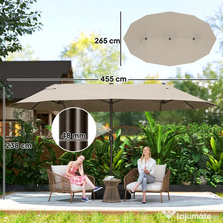 Outsunny Umbrela de Gradina Dubla 460x270cm Deschidere cu Manivela, Baza Transversala si Balast, Otel si Poliester Kaki
