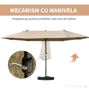 Outsunny Umbrela de Gradina Dubla 460x270cm Deschidere cu Manivela, Baza Transversala si Balast, Otel si Poliester Kaki 