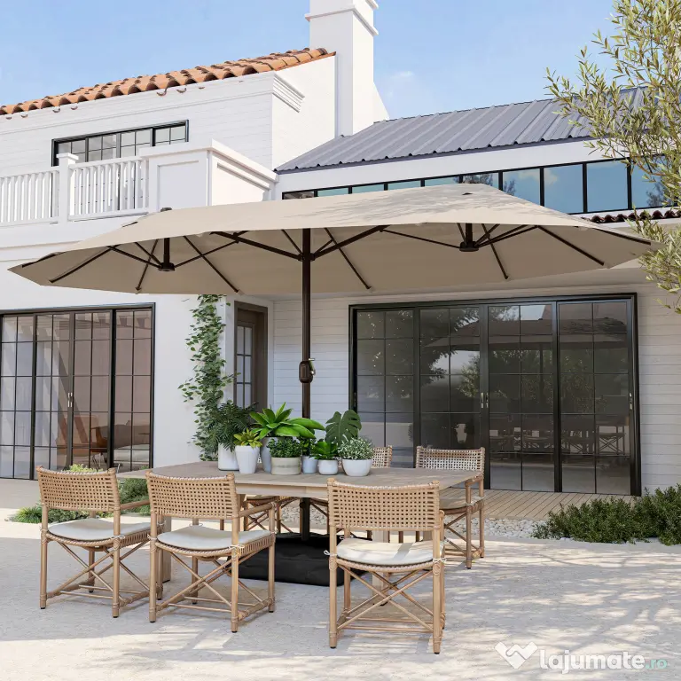 Outsunny Umbrela de Gradina Dubla 460x270cm Deschidere cu Manivela, Baza Transversala si Balast, Otel si Poliester Kaki