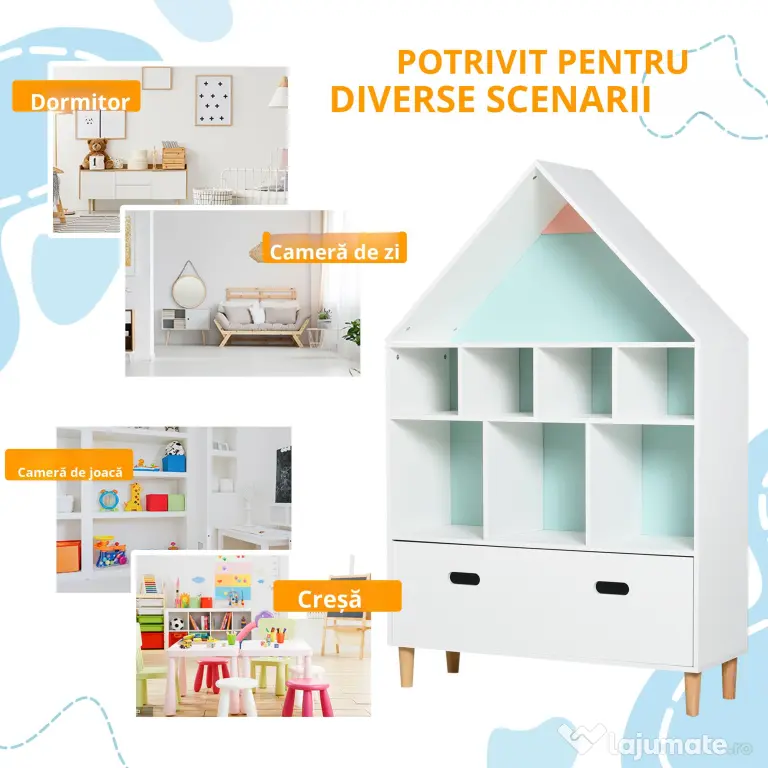 HOMCOM Etajeră Organizator pentru Copii cu Compartimente, Bibliotecă pentru Cărți și Jucării, Alb