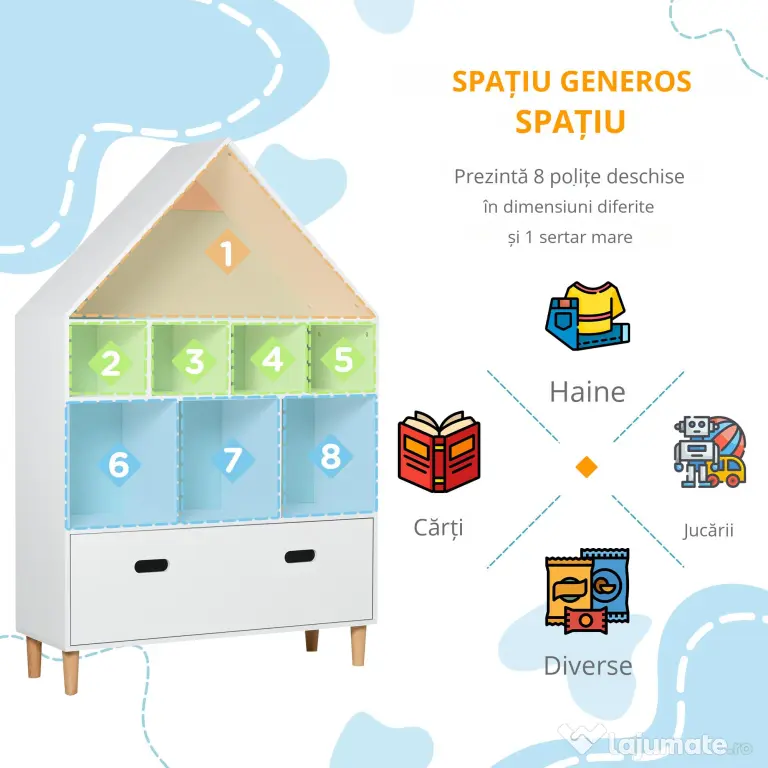 HOMCOM Etajeră Organizator pentru Copii cu Compartimente, Bibliotecă pentru Cărți și Jucării, Alb