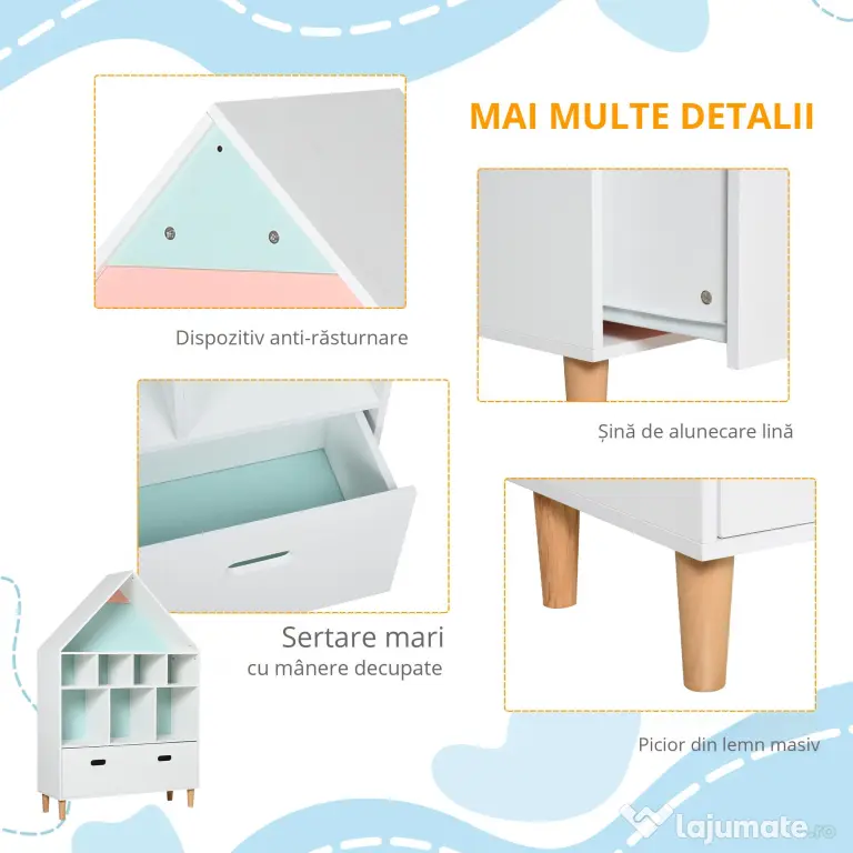 HOMCOM Etajeră Organizator pentru Copii cu Compartimente, Bibliotecă pentru Cărți și Jucării, Alb