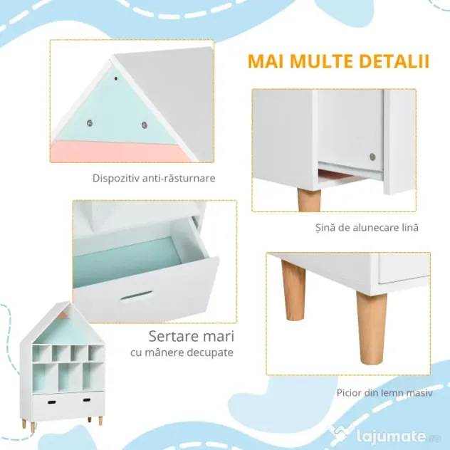 HOMCOM Etajeră Organizator pentru Copii cu Compartimente, Bibliotecă pentru Cărți și Jucării, Alb