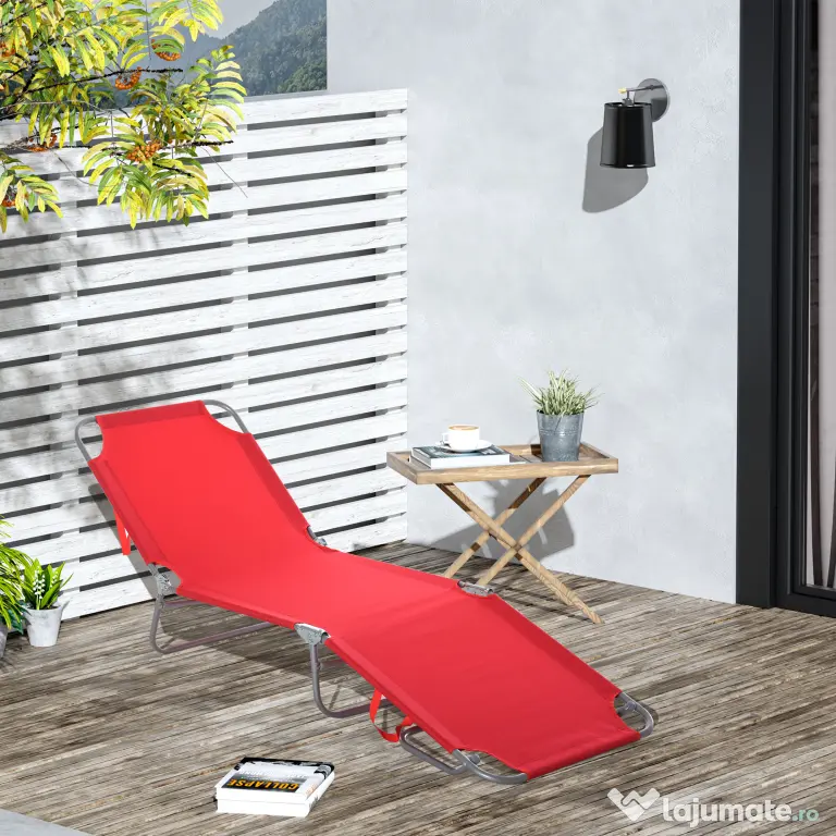 Outsunny Șezlong Pliabil cu Spătar Reglabil în 5 Poziții, Șezlong de Grădină cu Structură din Metal și Țesătură Oxford, pentru Plajă, Piscină sau Grădină, 187x55x24cm, Roșu