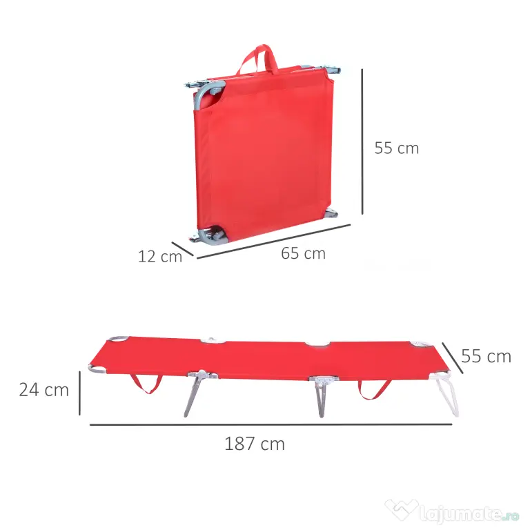 Outsunny Șezlong Pliabil cu Spătar Reglabil în 5 Poziții, Șezlong de Grădină cu Structură din Metal și Țesătură Oxford, pentru Plajă, Piscină sau Grădină, 187x55x24cm, Roșu