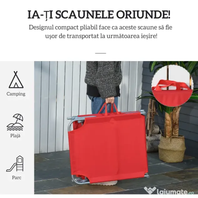 Outsunny Șezlong Pliabil cu Spătar Reglabil în 5 Poziții, Șezlong de Grădină cu Structură din Metal și Țesătură Oxford, pentru Plajă, Piscină sau Grădină, 187x55x24cm, Roșu